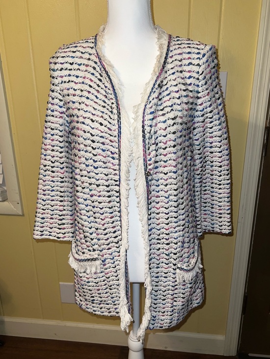 St. John Jackets & Blazers - St. John Knit Ivory Tweed Jacket Cardigan Fringe Luxury Academia Preppy Size 4